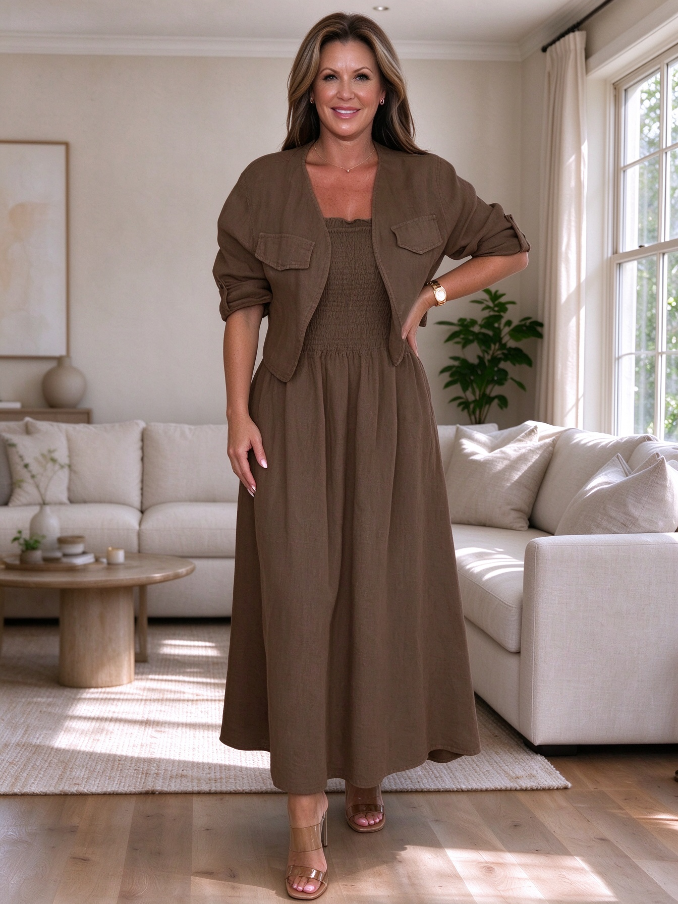 CLEARANCE🔥 Linen Smocked Dress With Over Jacket Two-piece Set