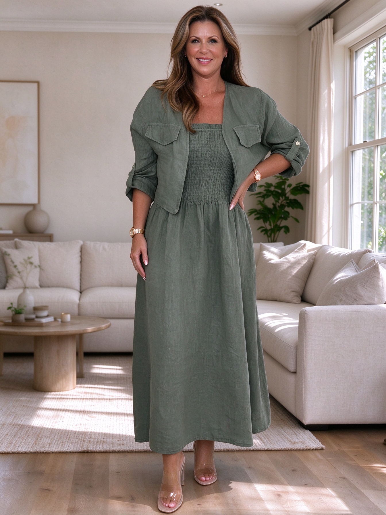 CLEARANCE🔥 Linen Smocked Dress With Over Jacket Two-piece Set