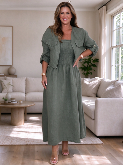 CLEARANCE🔥 Linen Smocked Dress With Over Jacket Two-piece Set