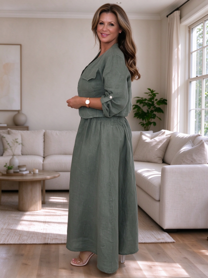 CLEARANCE🔥 Linen Smocked Dress With Over Jacket Two-piece Set