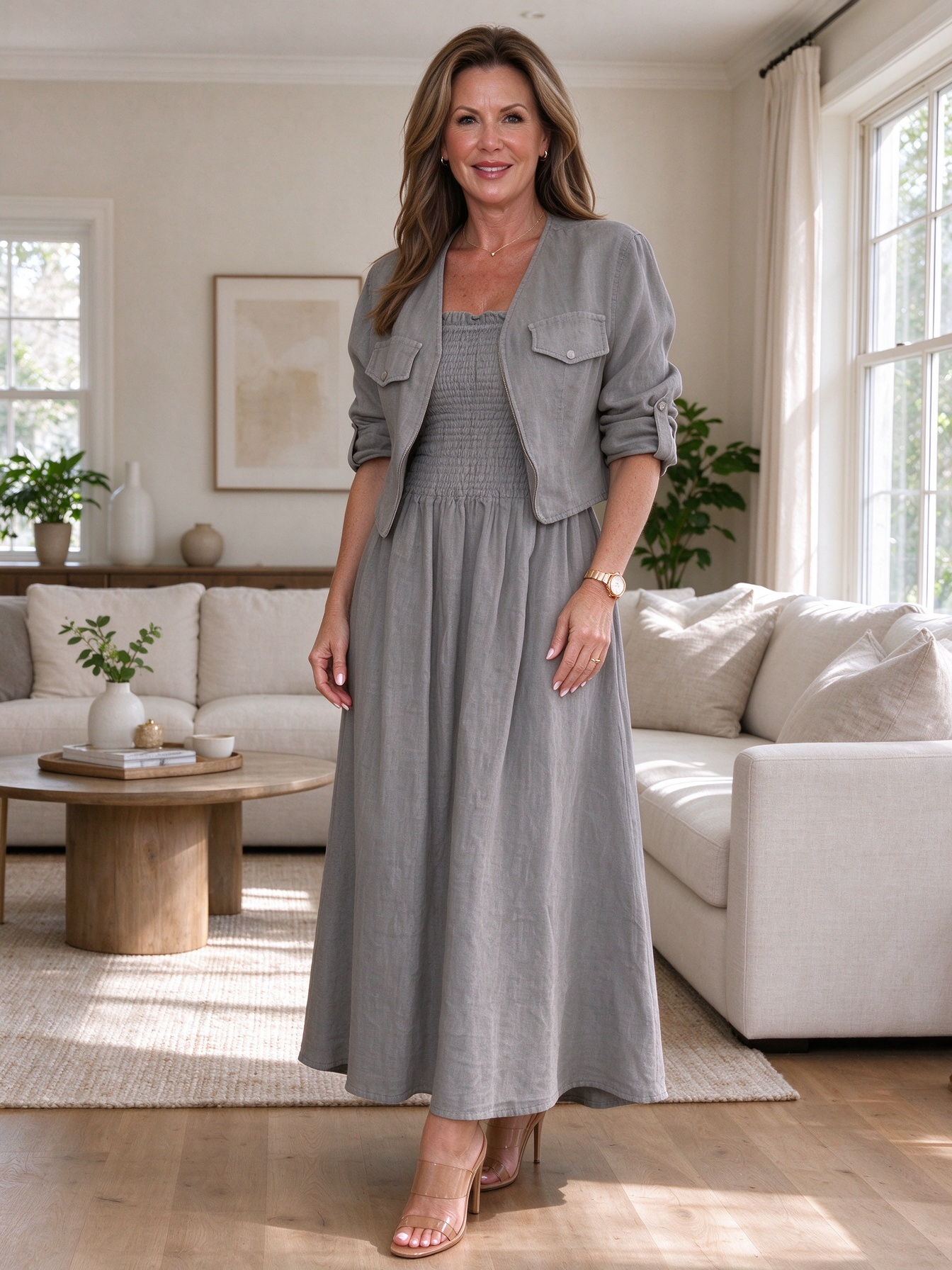 CLEARANCE🔥 Linen Smocked Dress With Over Jacket Two-piece Set