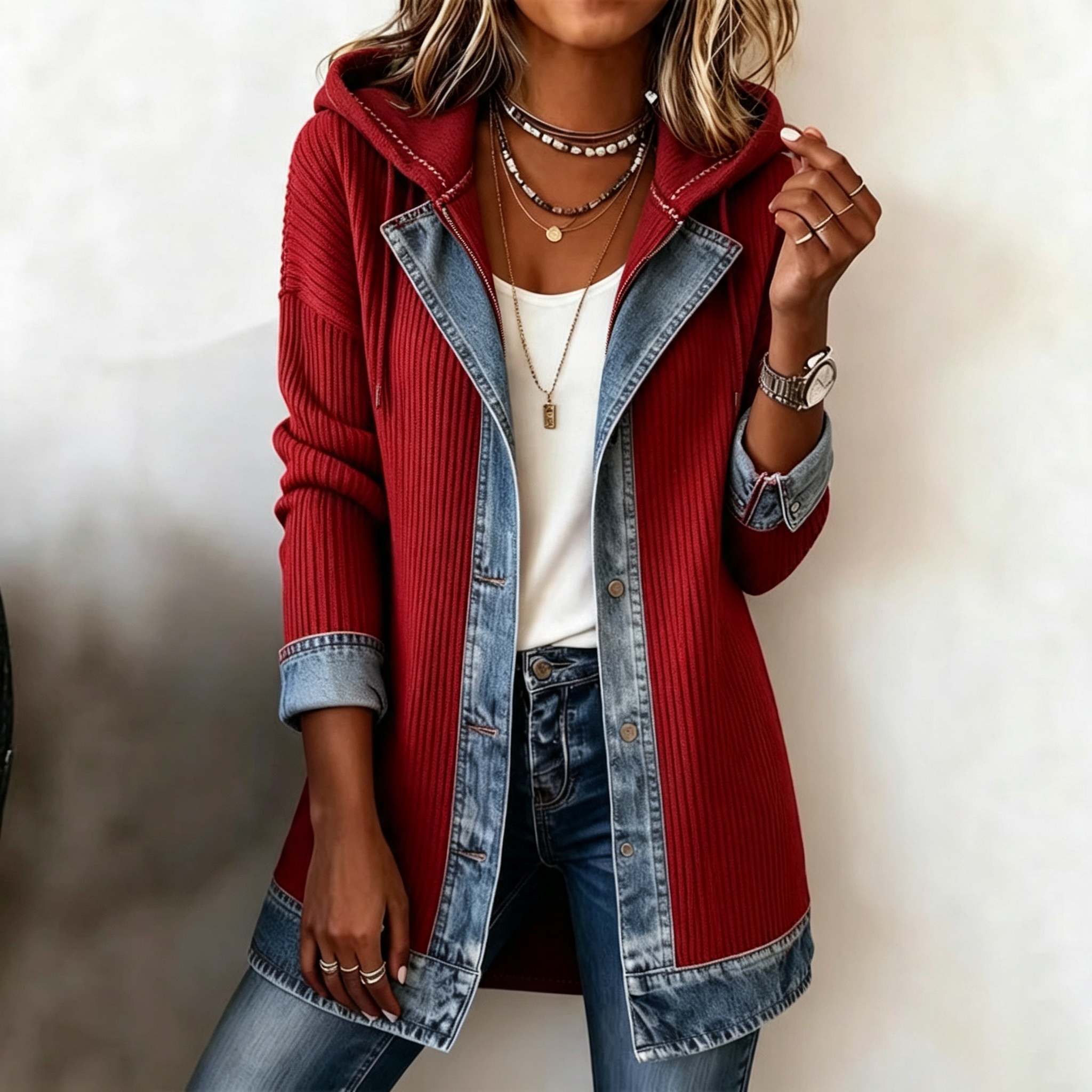 Elegant Mixed Media Denim Knit Hooded jacket Cardigan Open Front Lapel Sweater Coat Mid Length Comfort Fit Outerwear