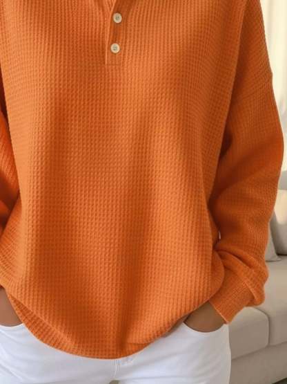 Women's Waffle Knit Polo Collar Henley Top - Casual Loose Drop Shoulder Long Sleeve Shirts