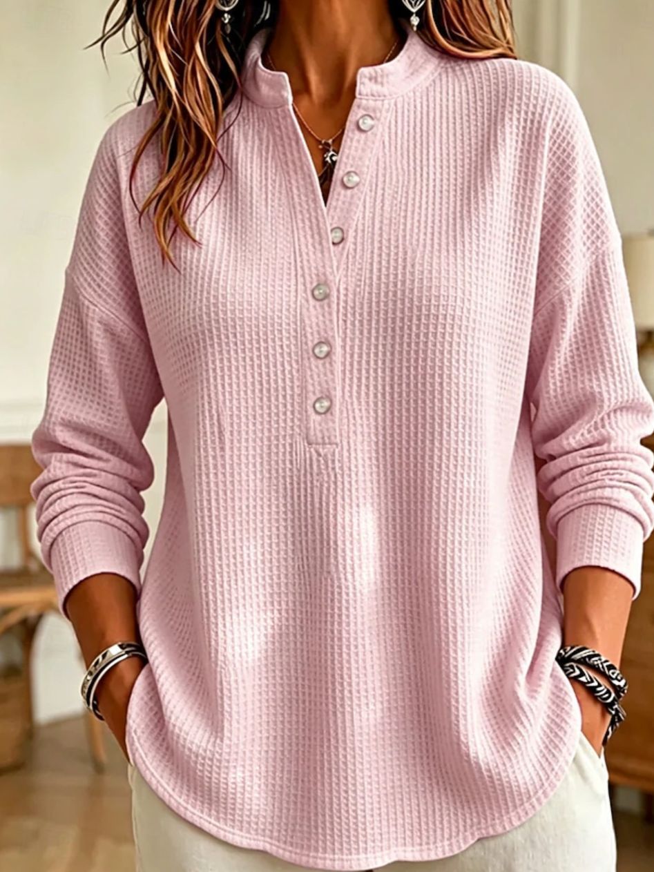 Women's Waffle Knit Henley Long Sleeve Shirts - Casual Stand Collar Button Up Pullover Tops