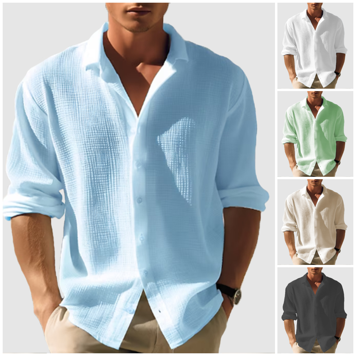 Men's  casual lapel solid color long sleeve button top