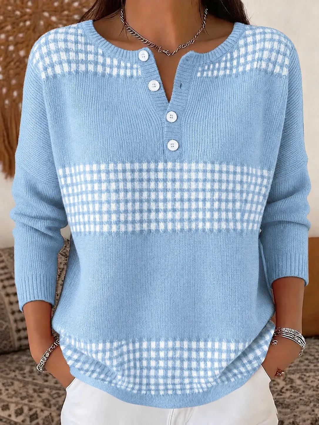 Women’s Half-Button Round Neck Plaid Colorblock Knit Sweater