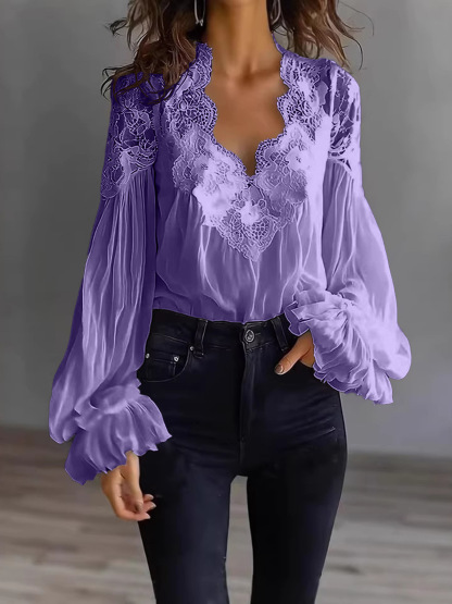 Lace V-Neck Lantern Sleeve Blouse