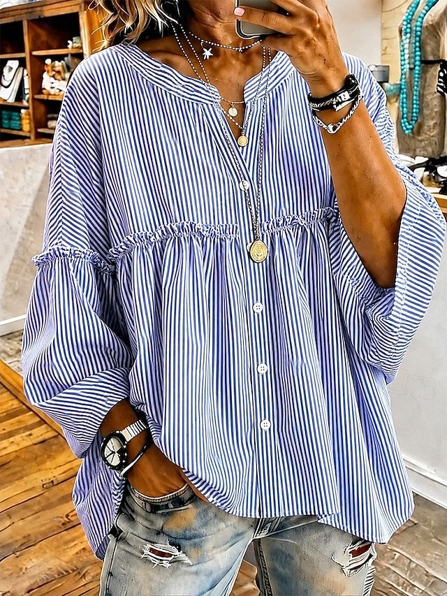 Ruffle Trim Babydoll Long Sleeve Button Down Blouse