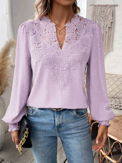 Women’s Lace Patchwork V Neck Blouse, Swiss Dot Puff Long Sleeve Casual Top
