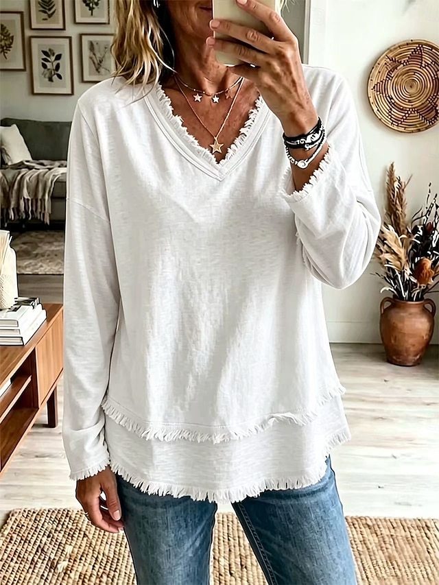 Women’s Fringe Trim V Neck Long Sleeve Top Casual Loose Fit Textured Blouse