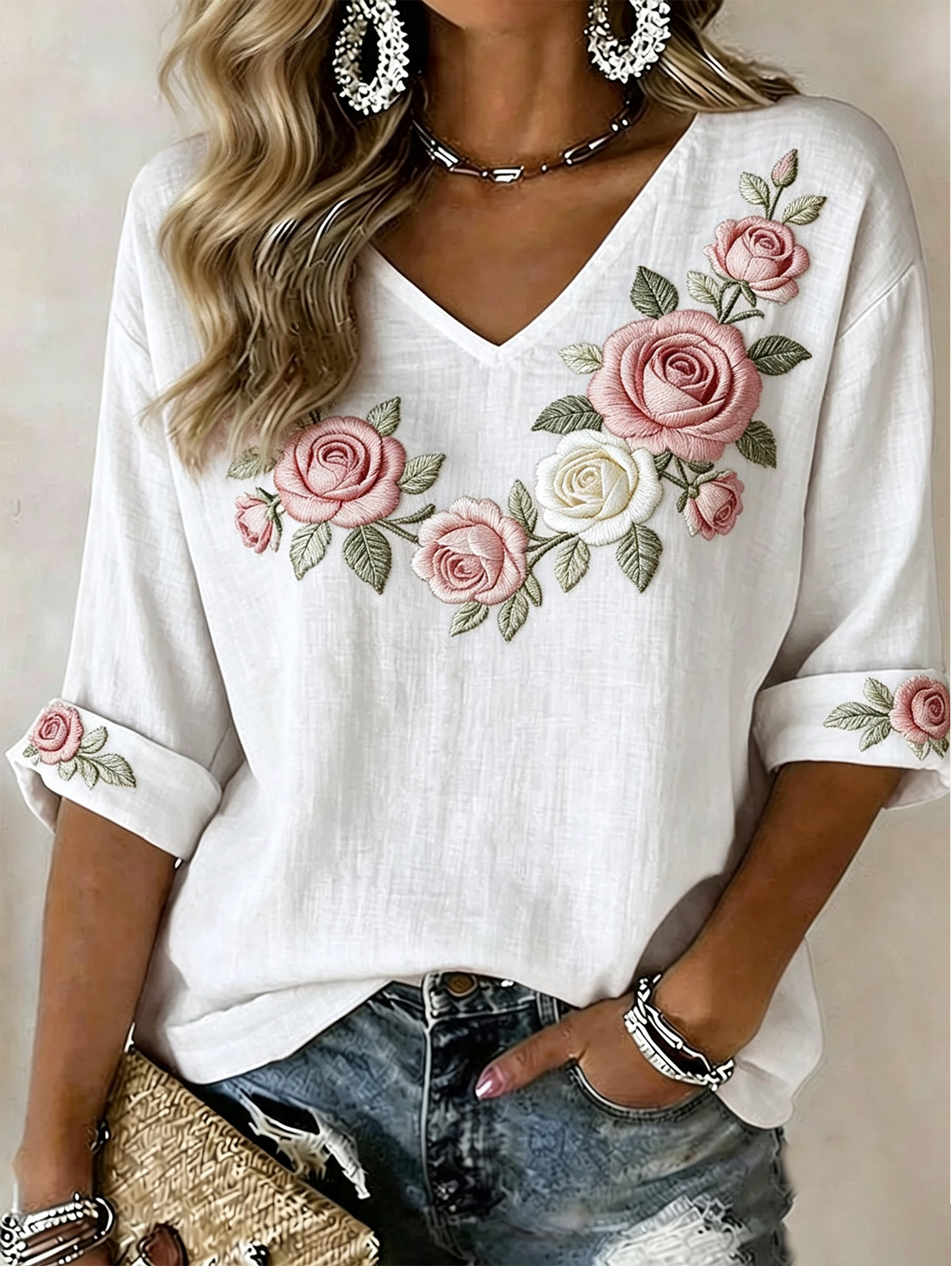 Women's Romantic Rose-Print Linen-Blend Shirt