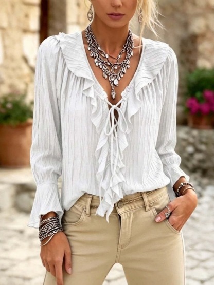 Women's Ruffle V Neck Tie Front Blouse, Textured Puff Sleeve Elegant Top