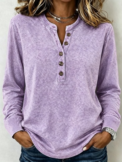 Washed Henley Neck Long Sleeve Polo Shirt
