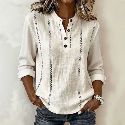 Cotton Linen Henley Neck Long Sleeve Polo Shirt