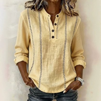 Cotton Linen Henley Neck Long Sleeve Polo Shirt