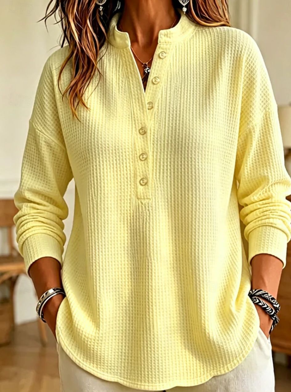 Women's Waffle Knit Henley Long Sleeve Shirts - Casual Stand Collar Button Up Pullover Tops