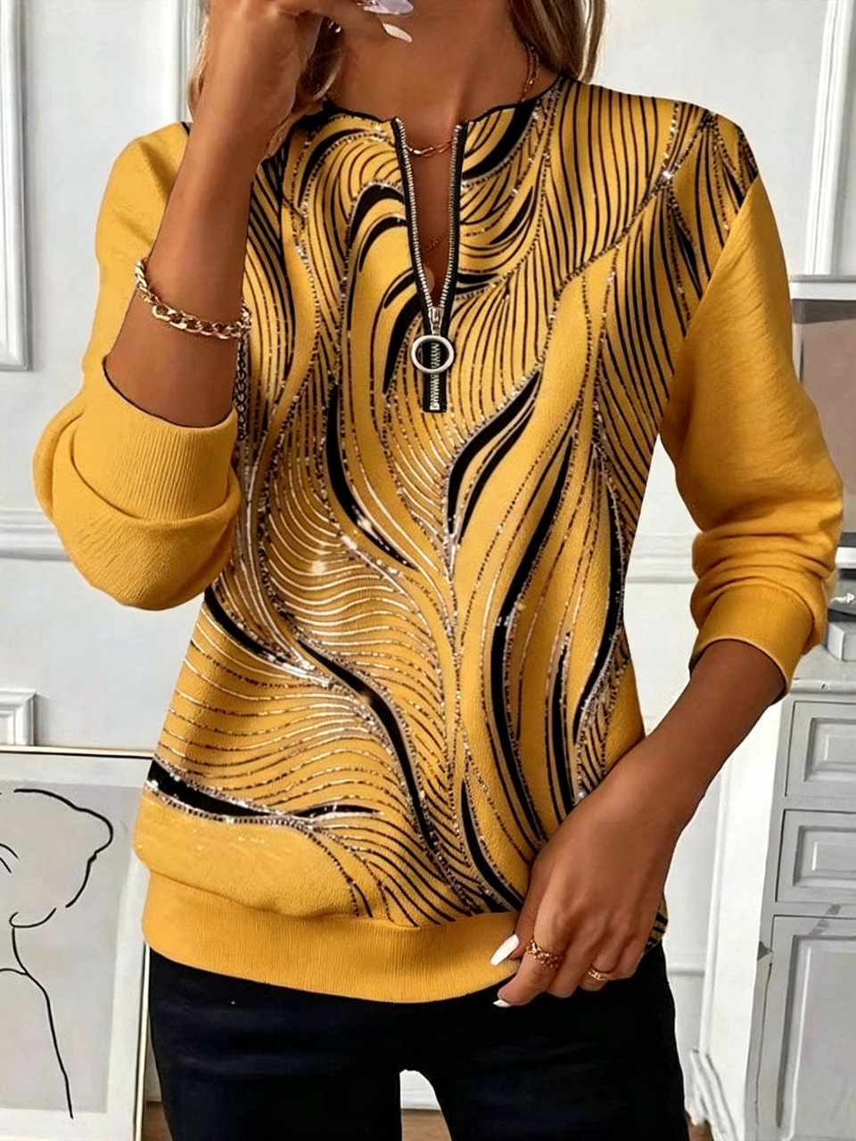 🔥CLEARANCE SALE🔥 ✨Women’s Casual Top Color Block Print Zip V-Neck Long Sleeve Blouse