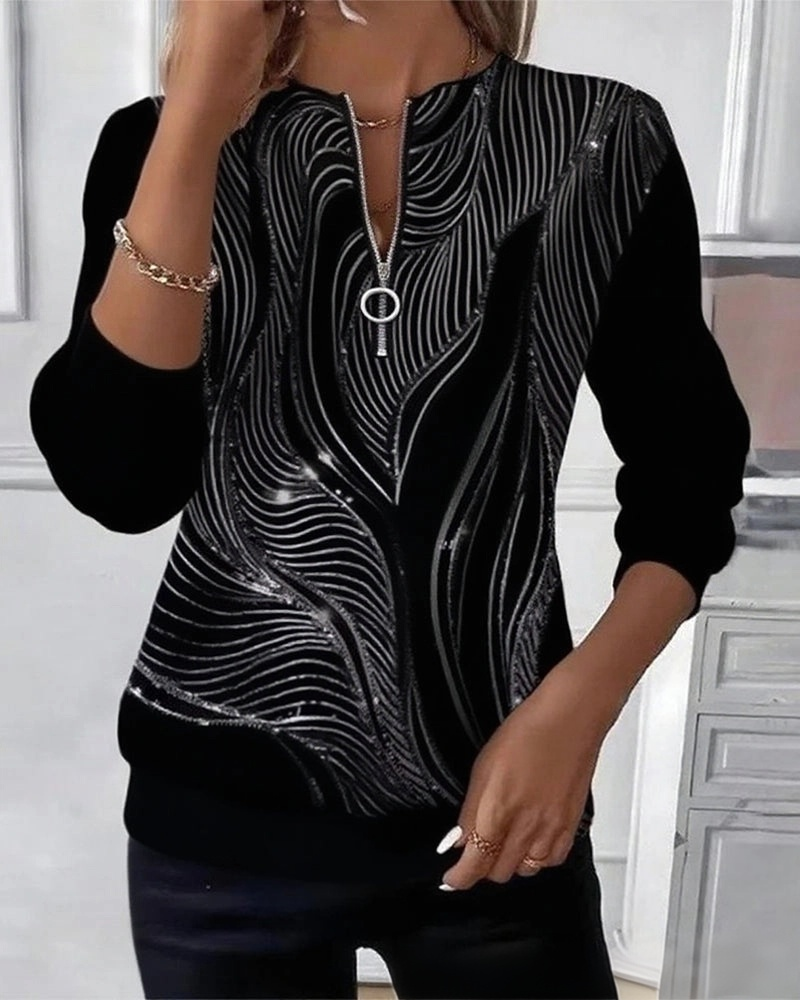 🔥CLEARANCE SALE🔥 ✨Women’s Casual Top Color Block Print Zip V-Neck Long Sleeve Blouse