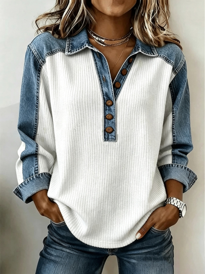 Denim Patchwork Button Henley Collared Ribbed Long Sleeve Top