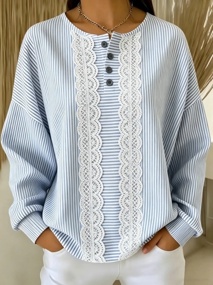 Women's Lace Trim Striped Crewneck Sweatshirt Loose Fit Casual Pullover