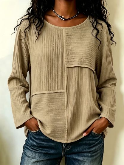 Women’s Patchwork Crewneck Long Sleeve Top Textured Loose Fit Casual Blouse