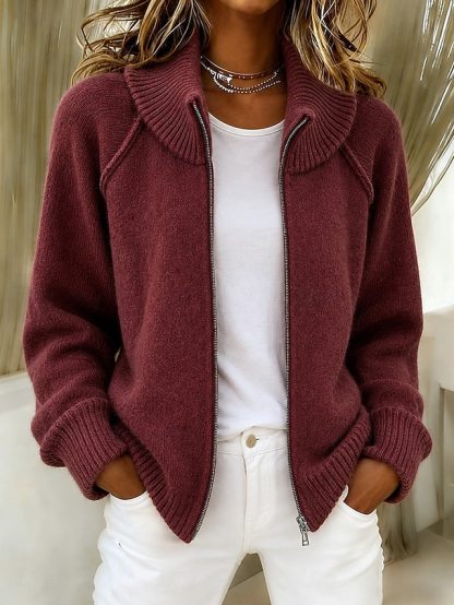 Double Zip Stand Collar Knit Cardigan