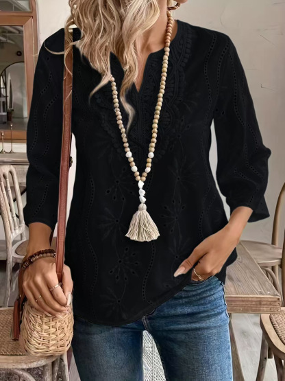 White Eyelet Embroidered Split Neck Three-Quarter Sleeve Blouse
