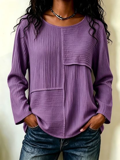 Women’s Patchwork Crewneck Long Sleeve Top Textured Loose Fit Casual Blouse