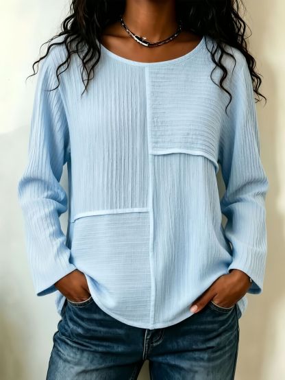 Women’s Patchwork Crewneck Long Sleeve Top Textured Loose Fit Casual Blouse