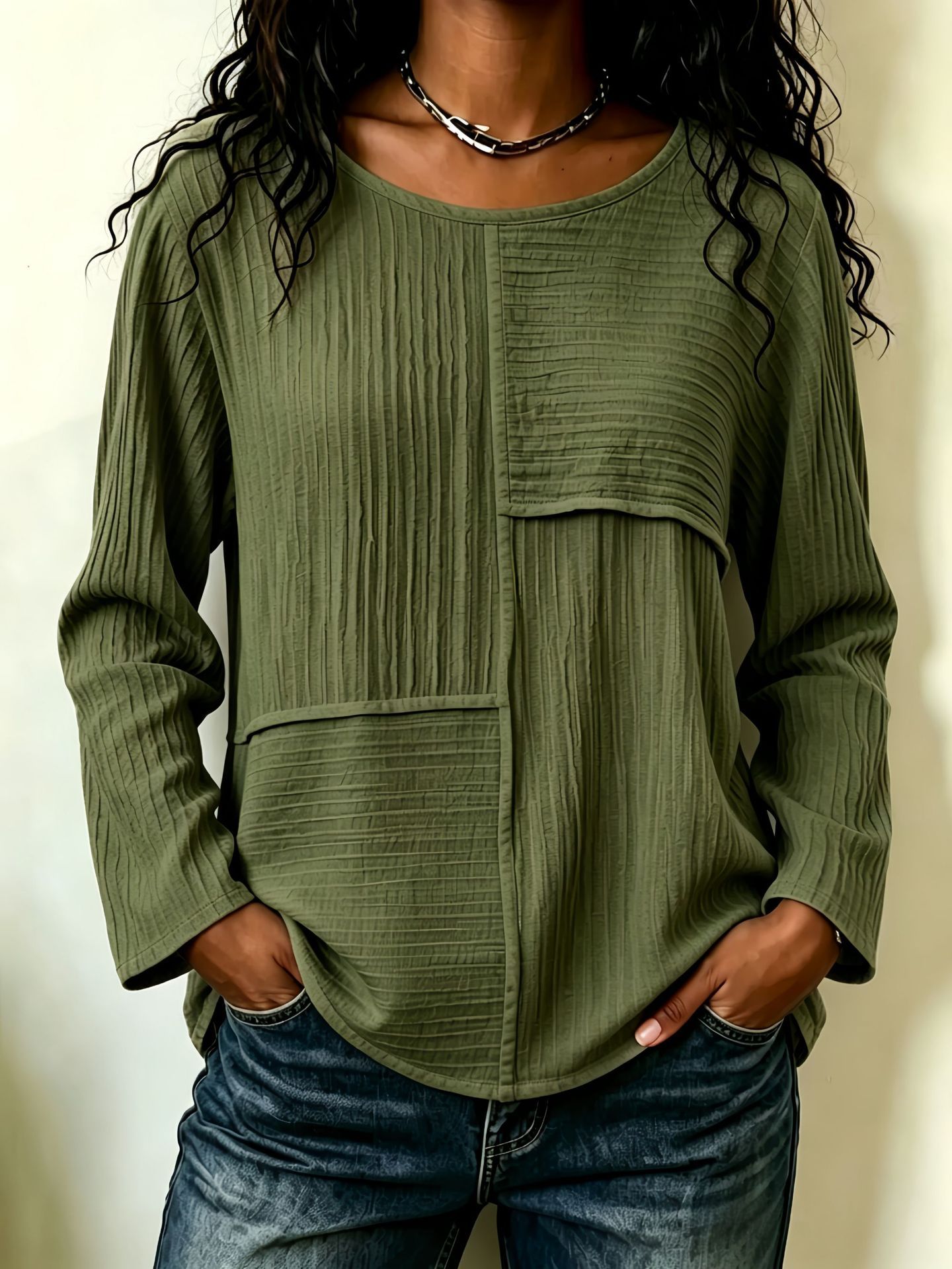 Women’s Patchwork Crewneck Long Sleeve Top Textured Loose Fit Casual Blouse