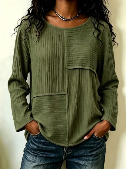Women’s Patchwork Crewneck Long Sleeve Top Textured Loose Fit Casual Blouse