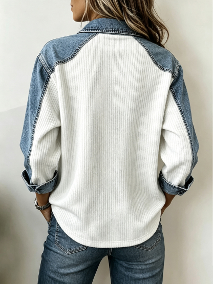Denim Patchwork Button Henley Collared Ribbed Long Sleeve Top