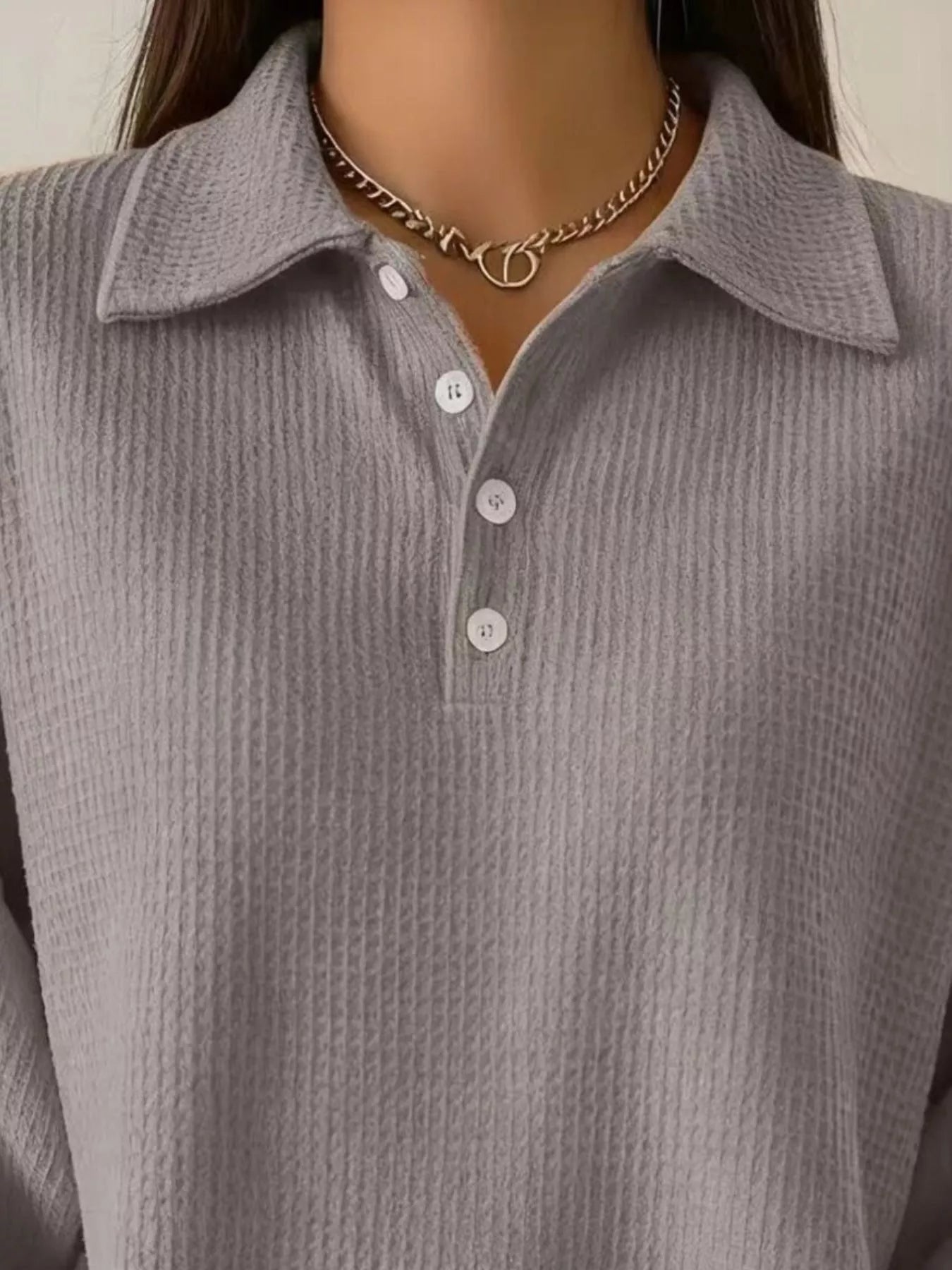 Women's Waffle Knit Polo Collar Henley Top - Casual Loose Drop Shoulder Long Sleeve Shirts