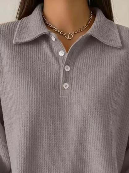 Women's Waffle Knit Polo Collar Henley Top - Casual Loose Drop Shoulder Long Sleeve Shirts