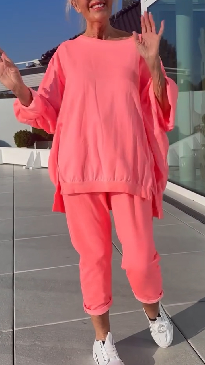 Women's Round Neck Slit Fluorescent Color Casual Suit