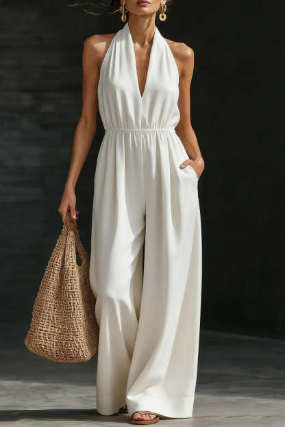 Women Halter V Neck Jumpsuit Elastic Waist Wide Leg Linen Blend Casual Vacation Long Jumpsuits with Pockets