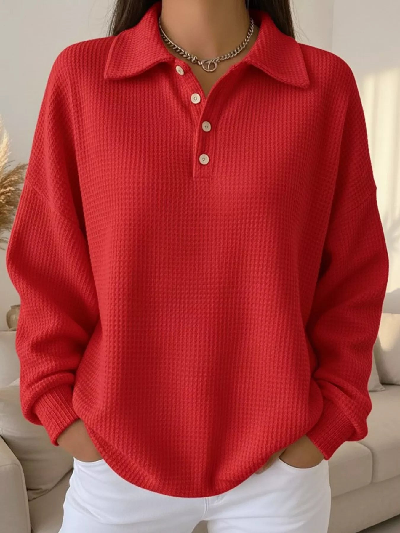 Women's Waffle Knit Polo Collar Henley Top - Casual Loose Drop Shoulder Long Sleeve Shirts