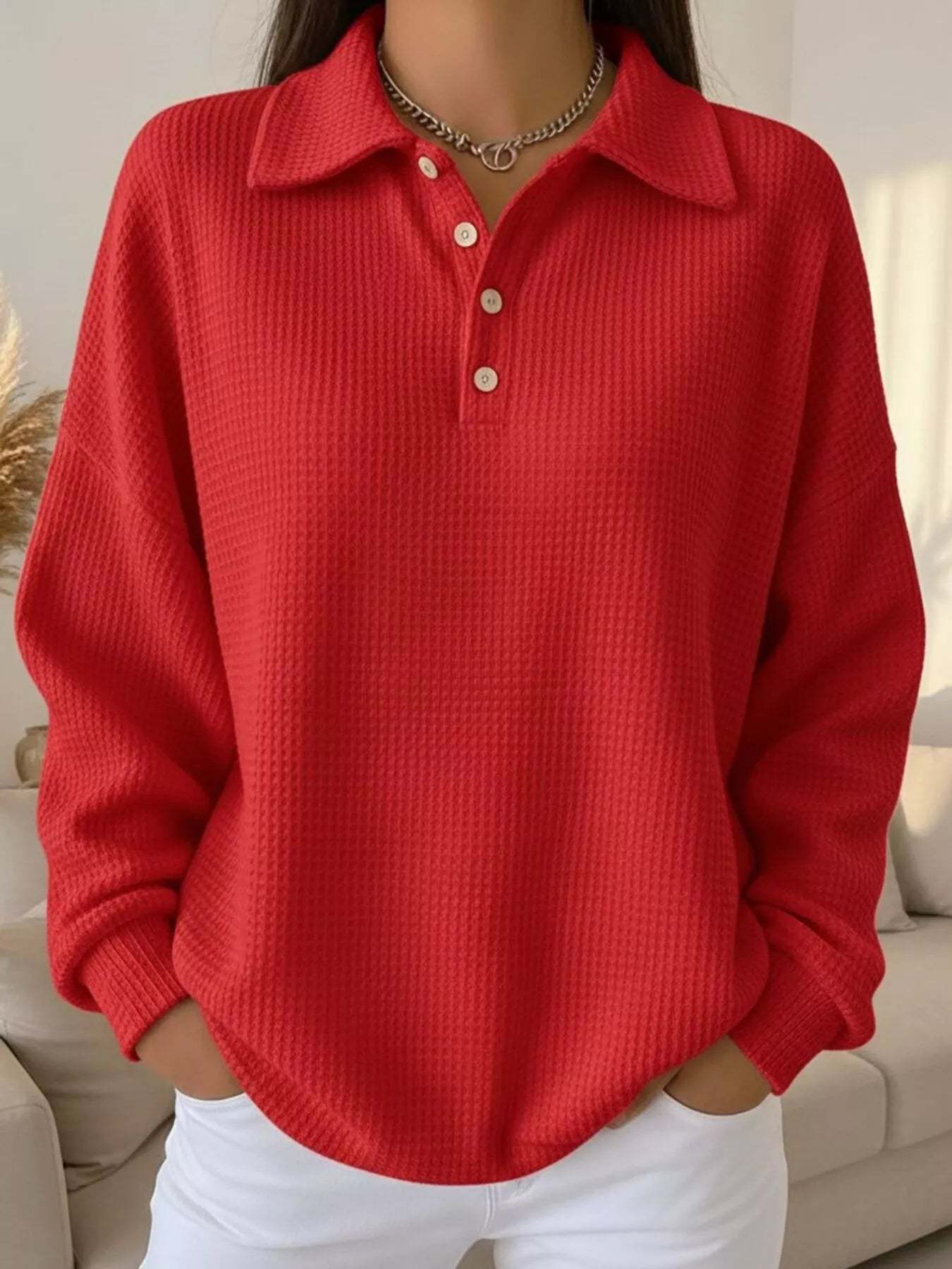 Women's Waffle Knit Polo Collar Henley Top - Casual Loose Drop Shoulder Long Sleeve Shirts