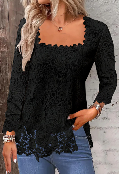 Women’s Floral Lace Square Neck  Scalloped Hem Blouse