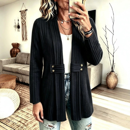 Women’s Vertical Ribbed Open Front Cardigan with Button Tab Waist Detail Long Sleeve Knit Jacket