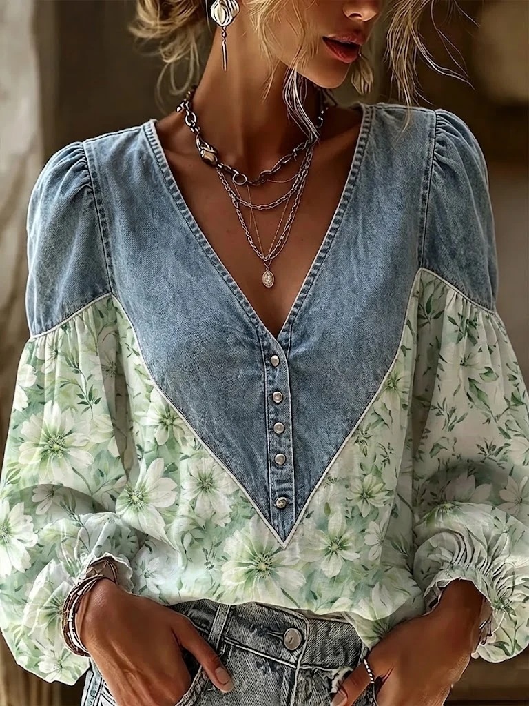 Women’s Denim Patchwork Floral Blouse V-Neck Button Long Sleeve Top