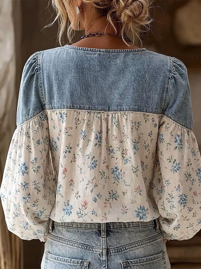 Women’s Denim Patchwork Floral Blouse V-Neck Button Long Sleeve Top