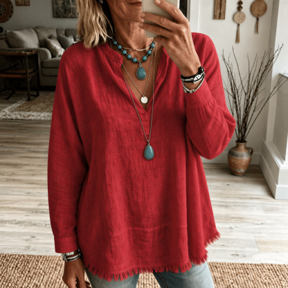 Women’s Fringe Trim V Neck Blouse, Loose Fit Long Sleeve Casual Tunic Top Boho Style Shirt
