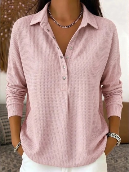 Waffle Knit Henley Polo Long Sleeve Top