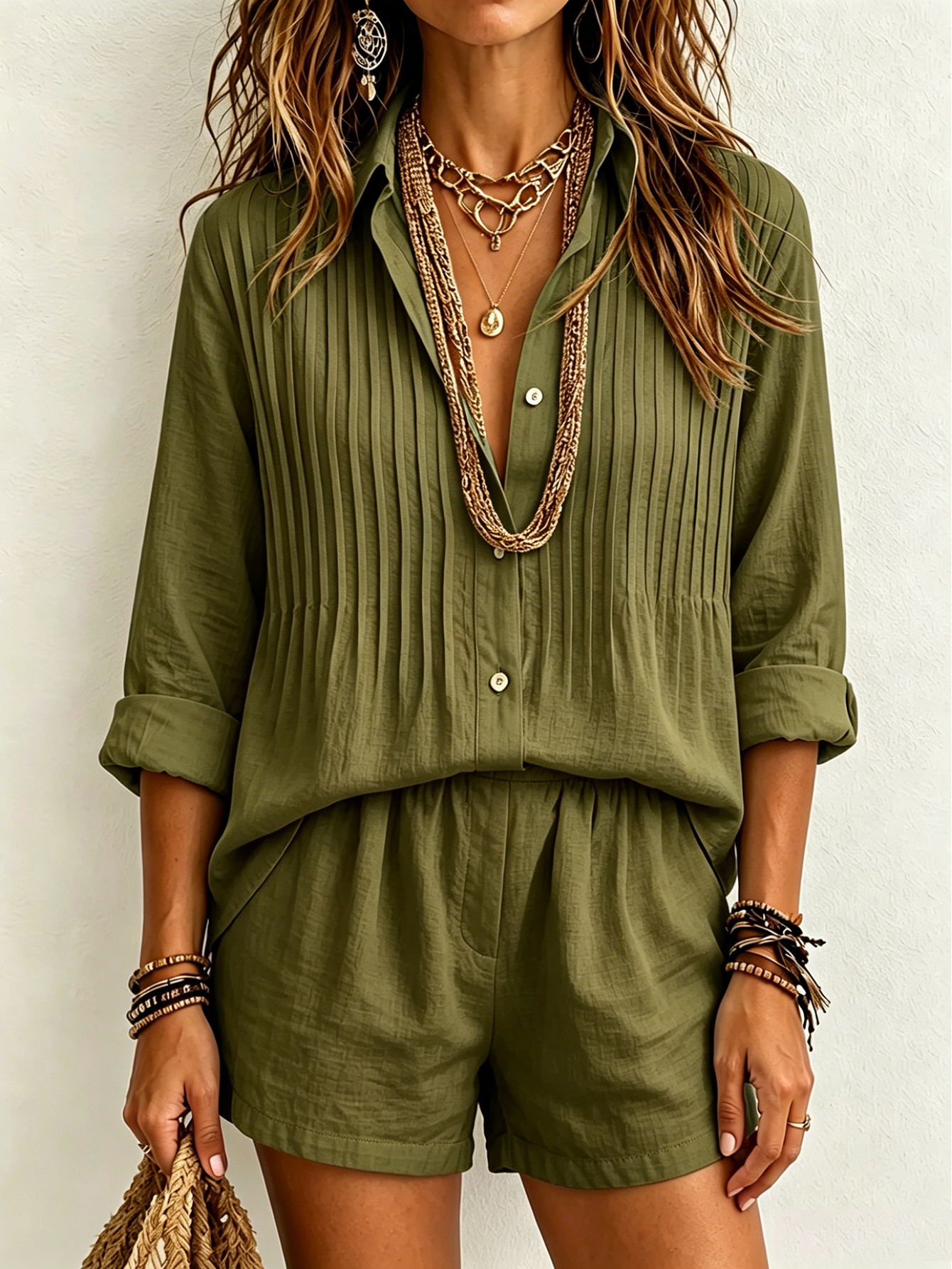 Women 2 Piece Linen Set Pleated Roll Sleeve Button Down Shirt Elastic Waist Shorts Casual Summer Outfit
