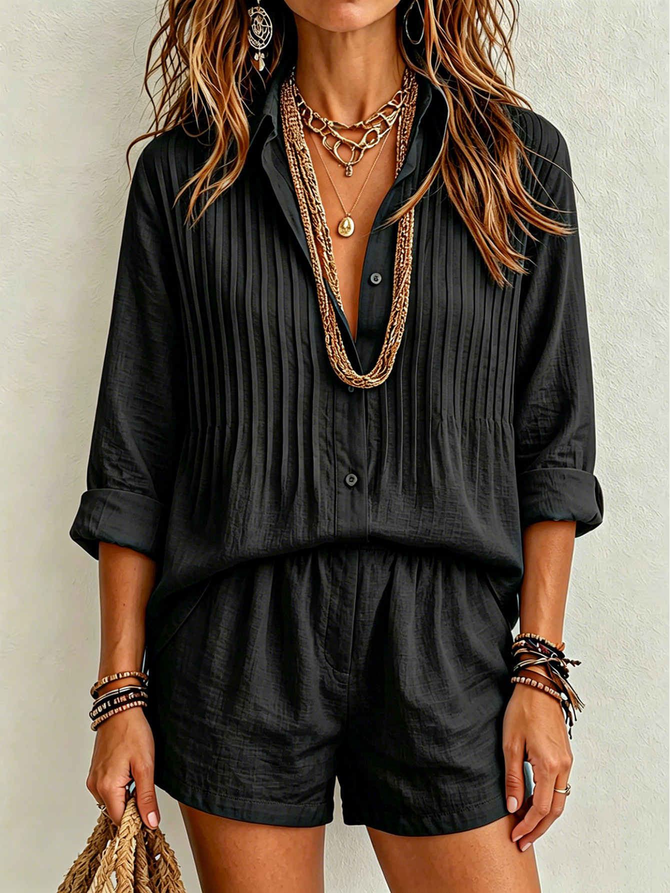 Women 2 Piece Linen Set Pleated Roll Sleeve Button Down Shirt Elastic Waist Shorts Casual Summer Outfit