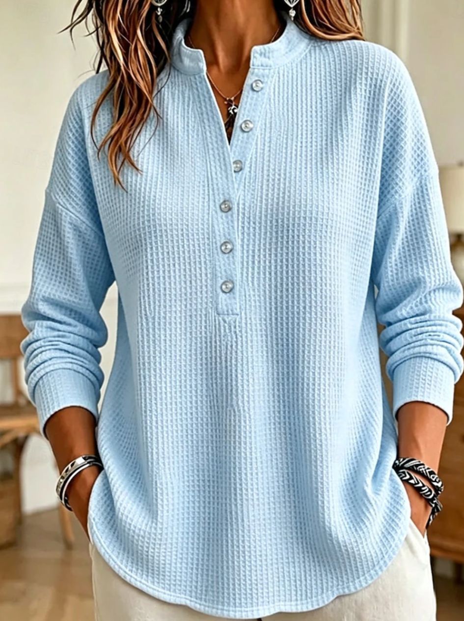 Women's Waffle Knit Henley Long Sleeve Shirts - Casual Stand Collar Button Up Pullover Tops