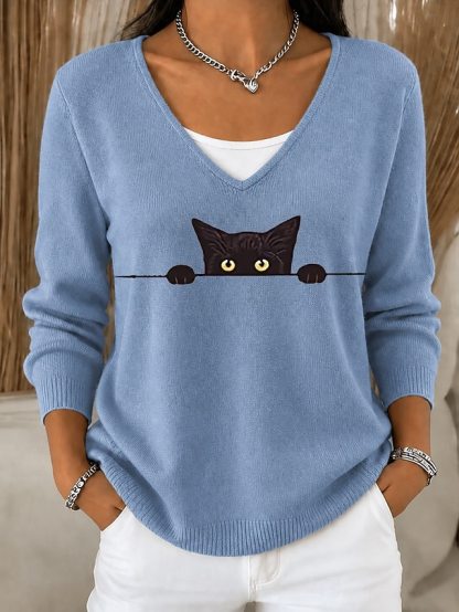 Cat Print V-Neck Long Sleeve Sweater
