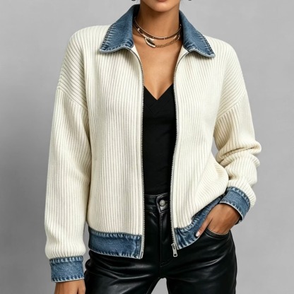 Women’s Denim Collar Contrast Ribbed Knit Zip-Up Jacket