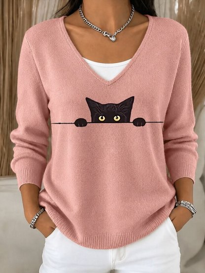Cat Print V-Neck Long Sleeve Sweater